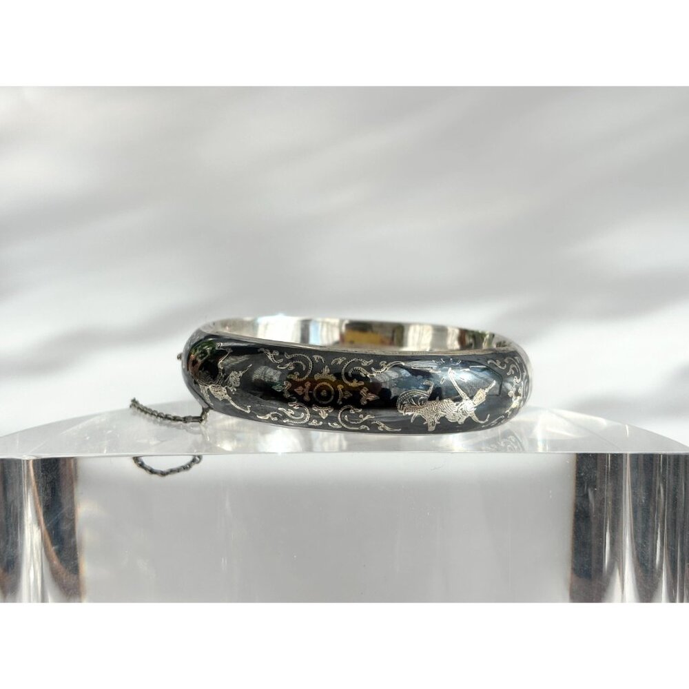 Siam Sterling Silver 925 Hand Carved Hinged Enclosure Vintage Bangle Bracelet - Picture 3 of 16